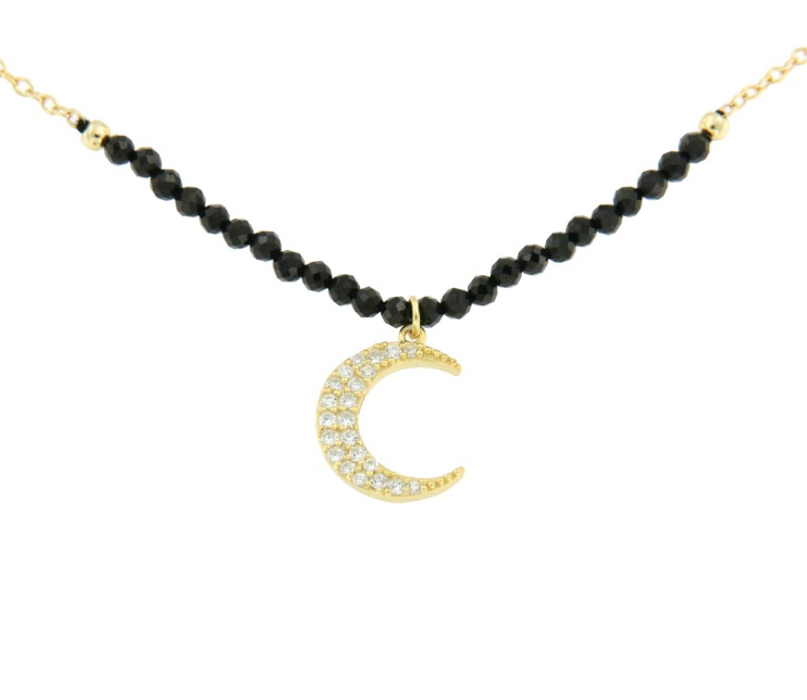 Gargantilla de plata con baño de oro, onyx y luna de circonitas - Roman Joyero