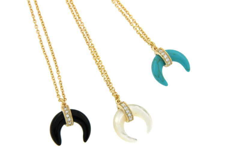 Gargantilla plata, luna de onyx, turquesa o nácar y circonitas - Roman Joyero