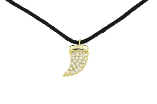 Cadena de cuero negro, cuerno de plata y circonitas de colores - Roman Joyero