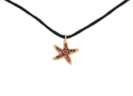 Cadena de cuero, estrella de mar en plata y circonitas - Roman Joyero