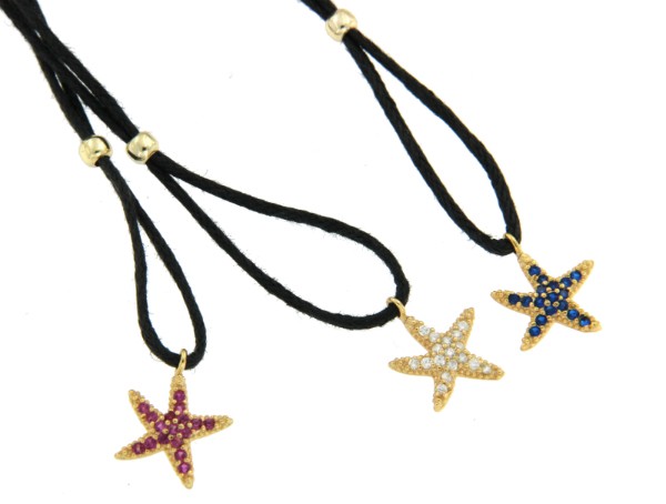 Cadena de cuero, estrella de mar en plata y circonitas - Roman Joyero