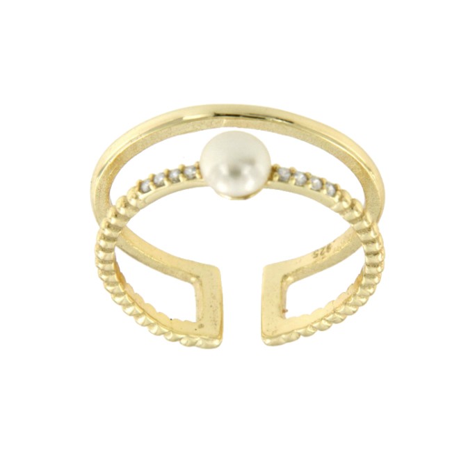 Anillo plata calado dorado y gallonado con perla y circonita - Roman Joyero