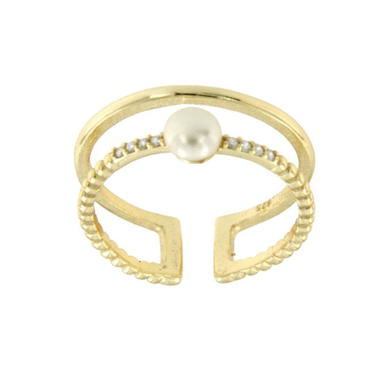 Anillo plata calado dorado y gallonado con perla y circonita - Roman Joyero
