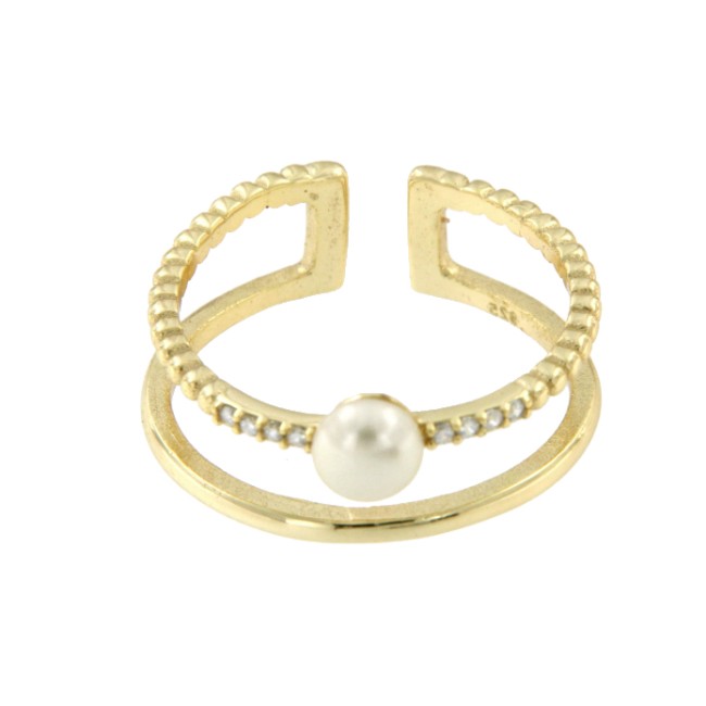 Anillo plata calado dorado y gallonado con perla y circonita - Roman Joyero