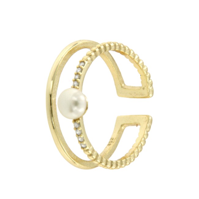 Anillo plata calado dorado y gallonado con perla y circonita - Roman Joyero