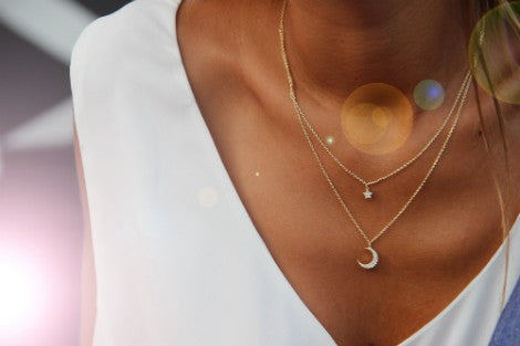 Gargantilla doble de plata de ley  con luna, estrella y circonitas - Roman Joyero