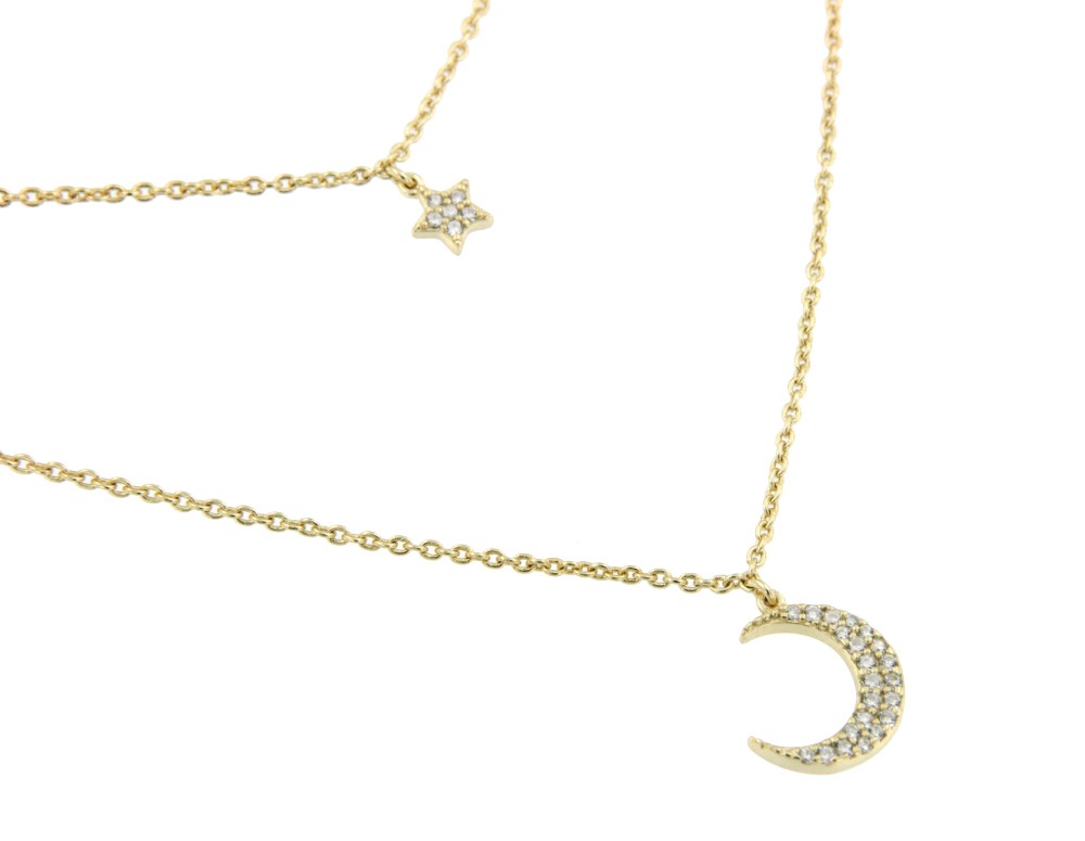 Gargantilla doble de plata de ley  con luna, estrella y circonitas - Roman Joyero