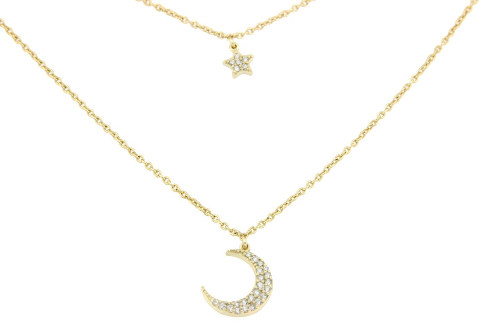 Gargantilla doble de plata de ley  con luna, estrella y circonitas - Roman Joyero