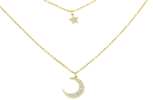 Gargantilla doble de plata de ley  con luna, estrella y circonitas - Roman Joyero