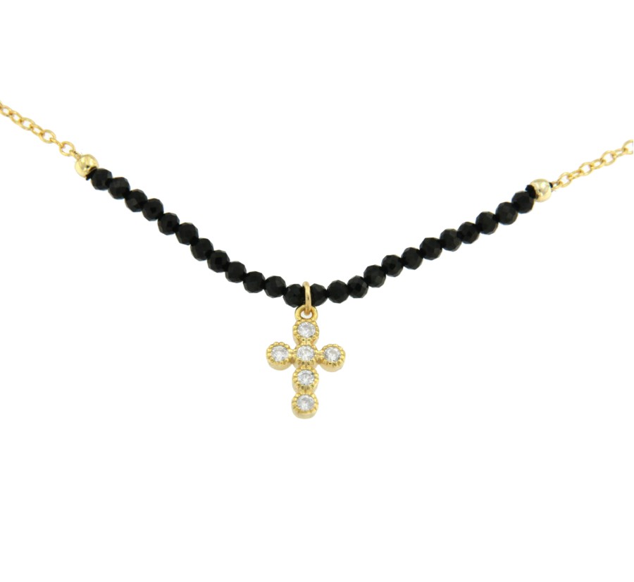 Cadena de plata con baño de oro, cruz latina y bolas negras - Roman Joyero