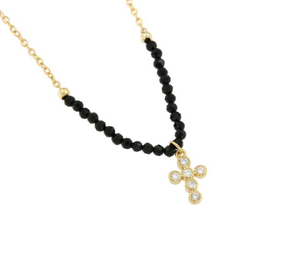 Cadena de plata con baño de oro, cruz latina y bolas negras - Roman Joyero