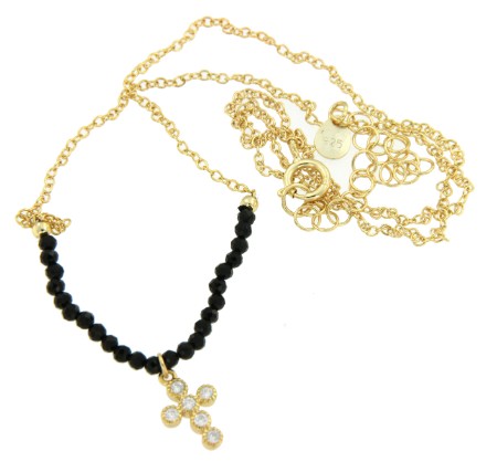 Cadena de plata con baño de oro, cruz latina y bolas negras - Roman Joyero