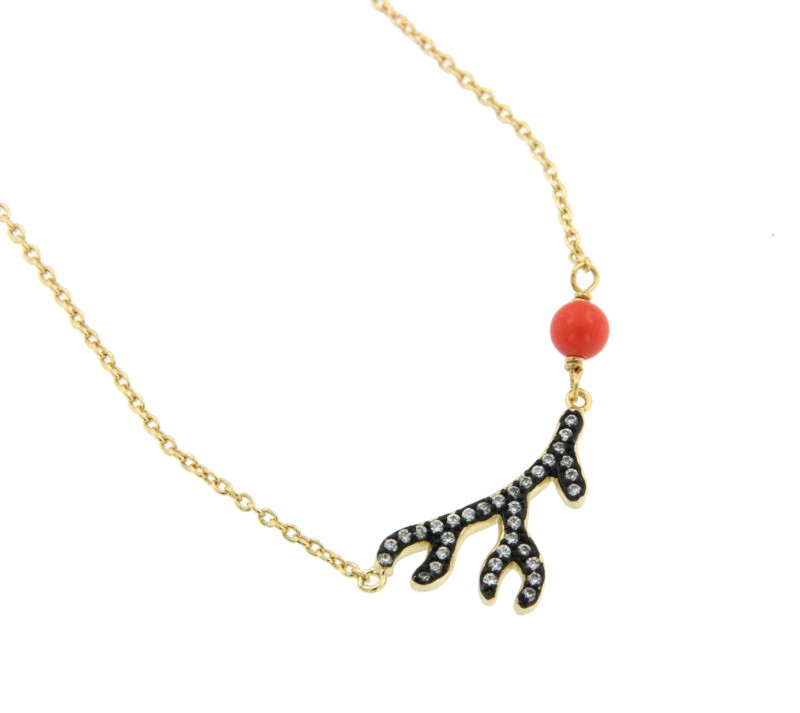 Gargantilla de plata con baño de oro amarillo y dijes de coral - Roman Joyero