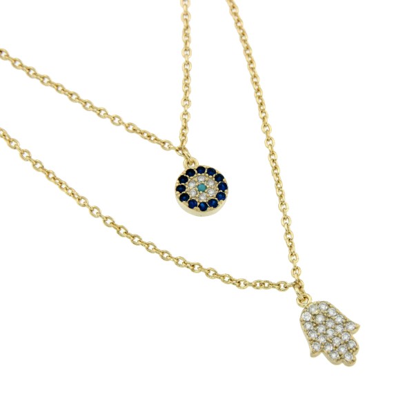 Gargantilla doble de plata con ojo de Horus y mano de Fátima - Roman Joyero