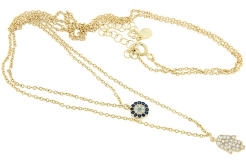 Gargantilla doble de plata con ojo de Horus y mano de Fátima - Roman Joyero