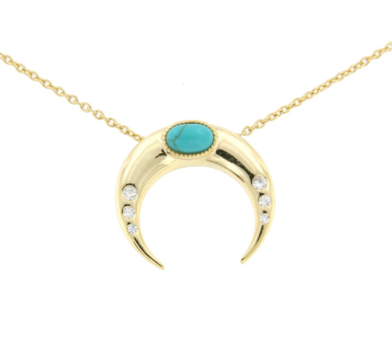 Cadena de plata con baño de oro, luna, circonitas y piedra - Roman Joyero