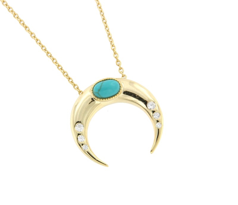 Cadena de plata con baño de oro, luna, circonitas y piedra - Roman Joyero