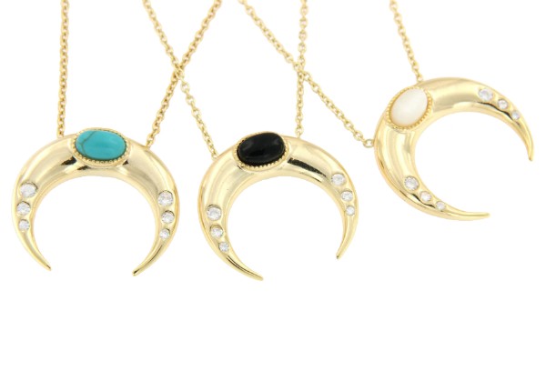 Cadena de plata con baño de oro, luna, circonitas y piedra - Roman Joyero