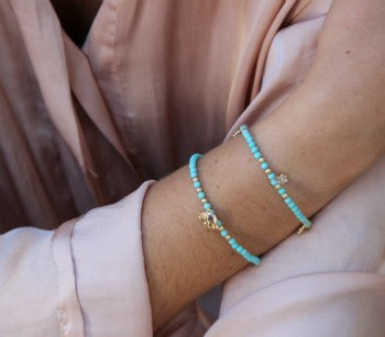 Pulsera de bolas de turquesa y flores de circonitas en plata - Roman Joyero