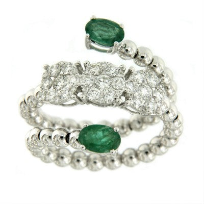 Anillo ancho de bolas en oro blanco con diamante y esmeralda - Roman Joyero