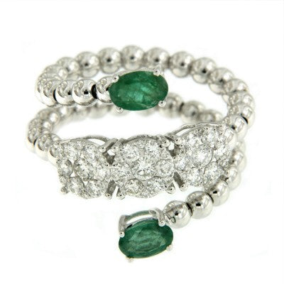 Anillo ancho de bolas en oro blanco con diamante y esmeralda - Roman Joyero
