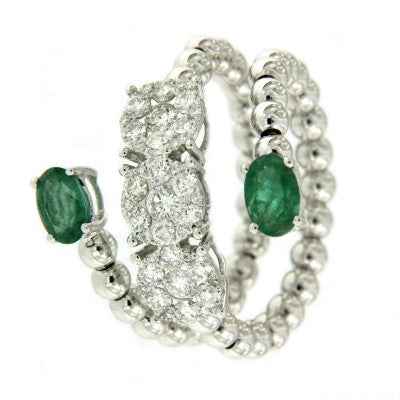 Anillo ancho de bolas en oro blanco con diamante y esmeralda - Roman Joyero