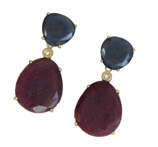 Pendientes desmontables de oro amarillo con rubí y zafiro - Roman Joyero