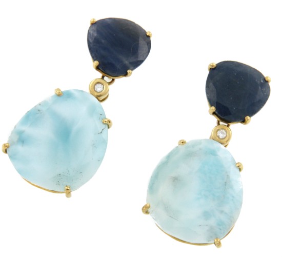 Pendientes desmontables de oro amarillo con zafiro y larimar - Roman Joyero