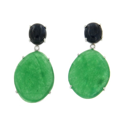 Pendientes desmontables de oro blanco con zafiros y pareja de perillas jade verde - Roman Joyero