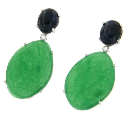 Pendientes desmontables de oro blanco con zafiros y pareja de perillas jade verde - Roman Joyero