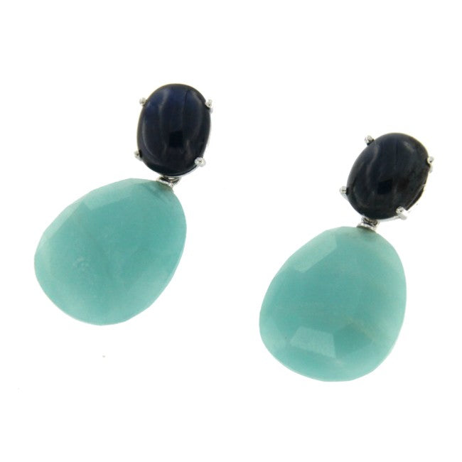 Pendientes desmontables de oro blanco y zafiros y pareja de perillas amazonite - Roman Joyero
