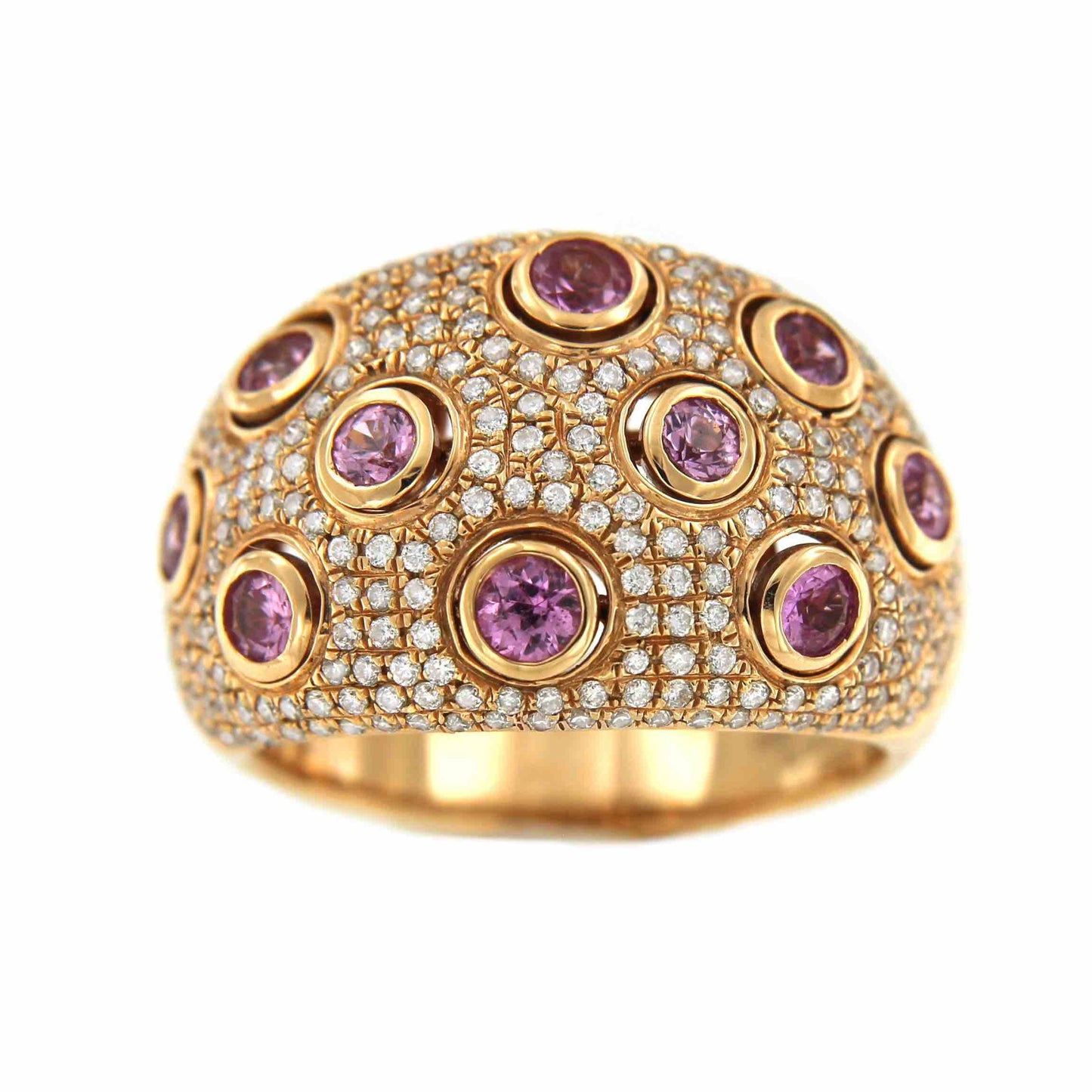 Anillo de oro rosa ARZU con brillantes y zafiros rosas - Roman Joyero