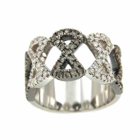 Anillo moderno de oro blanco BASAK con brillantes blancos y marrones - Roman Joyero