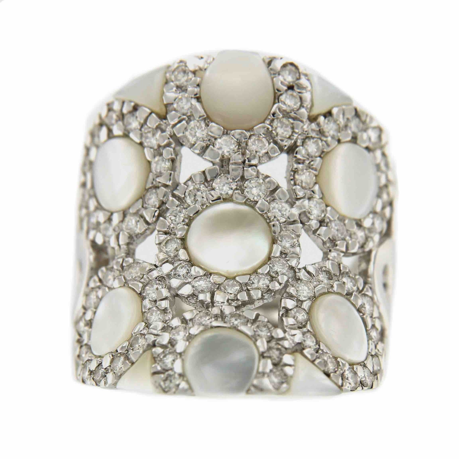 Anillo espectacular oro blanco BIHTER con madreperla y brillantes - Roman Joyero