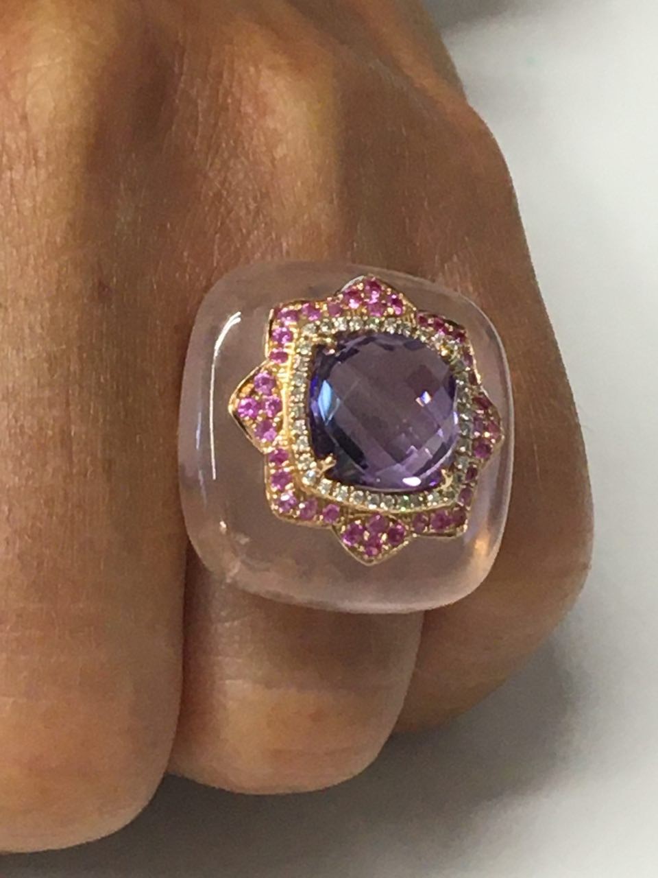 Anillo cuadrado FILIZ en oro rosa o amarillo con piedra y brillantes
