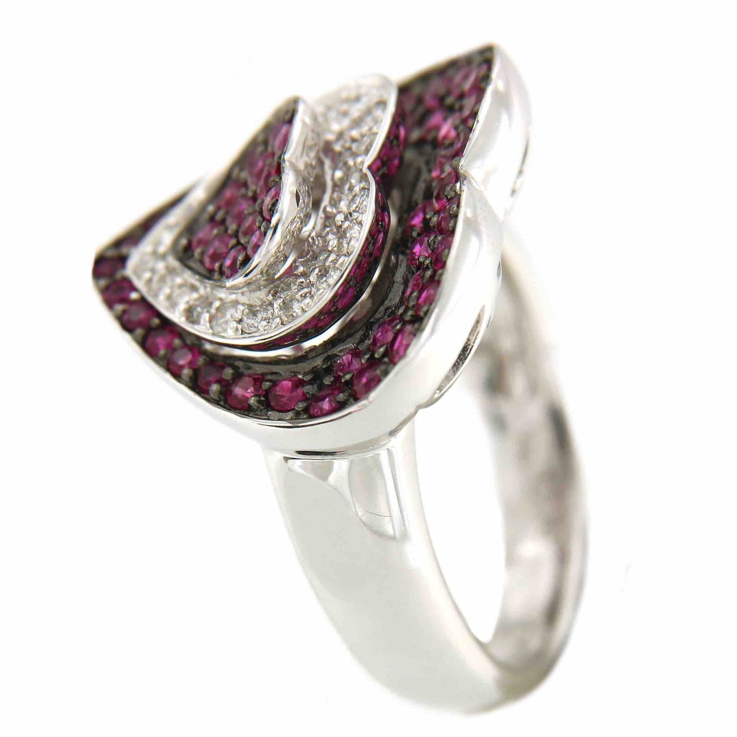 Anillo ancho EZGI en oro blanco con zafiros rosas y brillantes - Roman Joyero