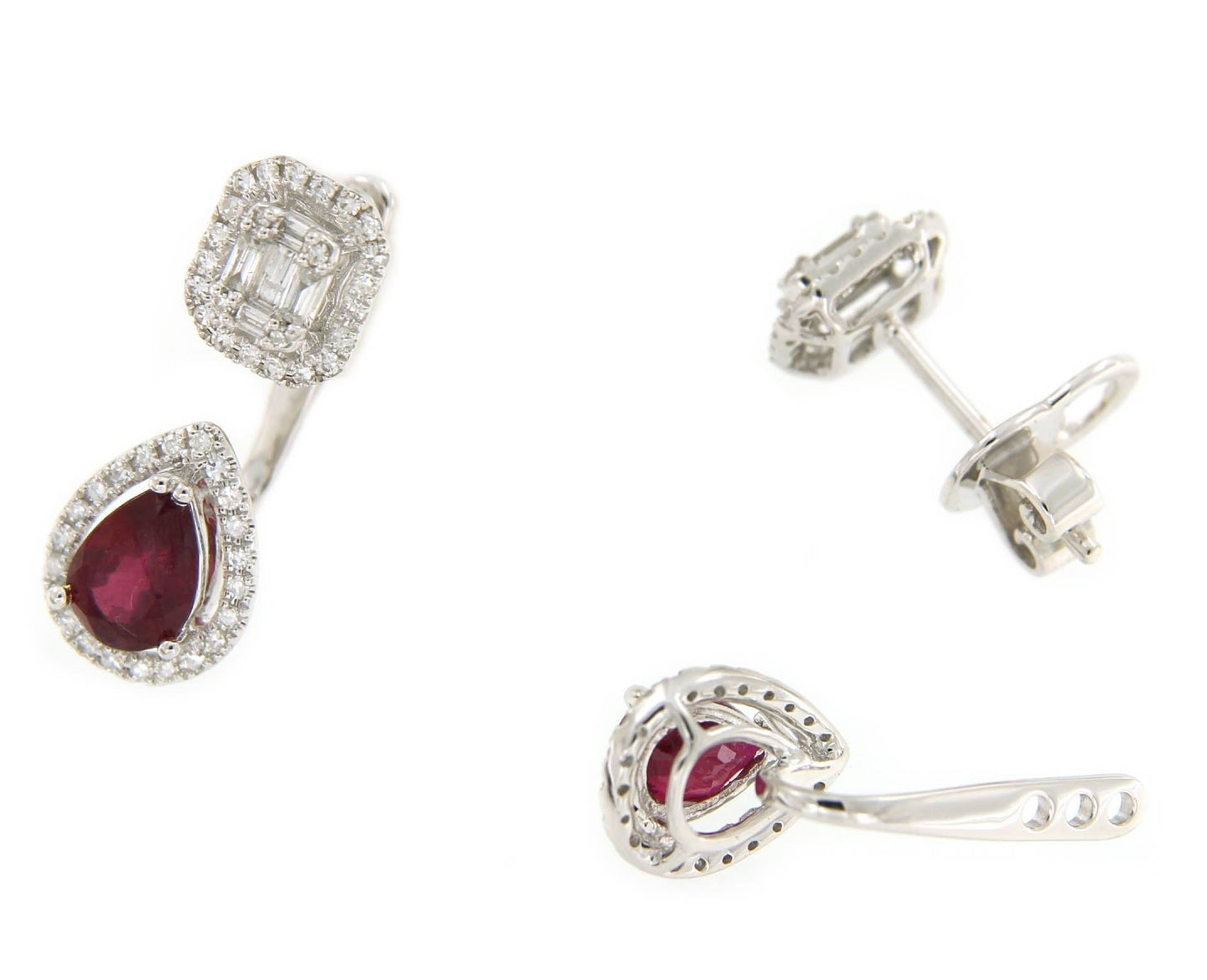 Pendientes dobles LEYLA en oro blanco con brillantes y rubí