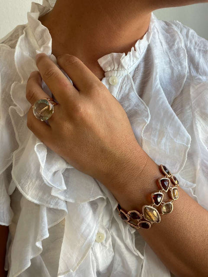 Pulsera HABANERA granates y cuarzo rutilado en plata 1ª ley con baño de oro rosa 18 ktes.