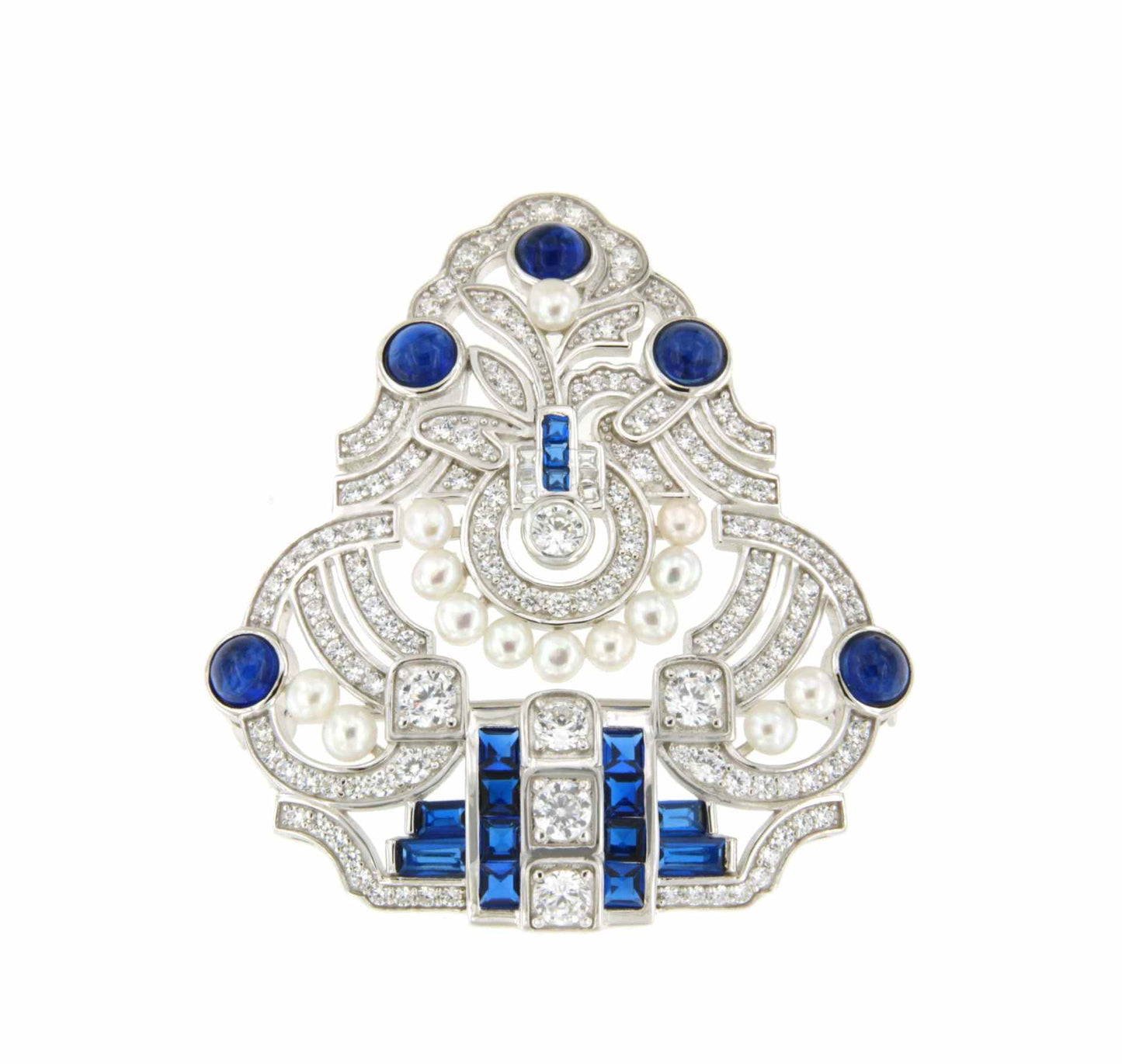 Broche GRECIA maravilloso de plata 925 ml con circonitas azules y perlas