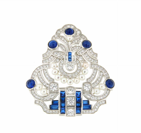 Broche GRECIA maravilloso de plata 925 ml con circonitas azules y perlas