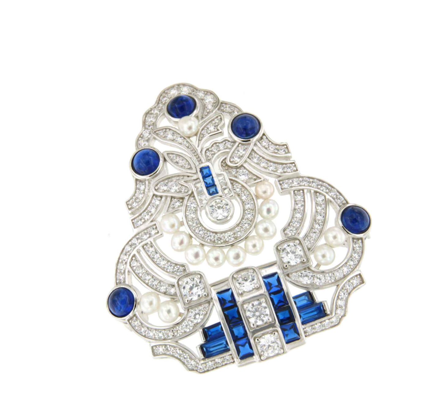 Broche GRECIA maravilloso de plata 925 ml con circonitas azules y perlas