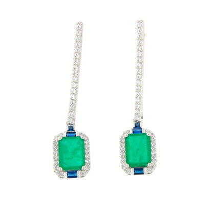 Pendientes ZOE largos en plata primera ley con circonitas y cuarzos esmeralda