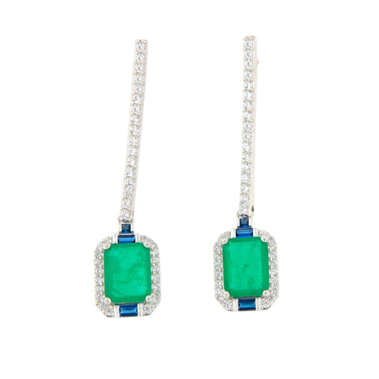 Pendientes ZOE largos en plata primera ley con circonitas y cuarzos esmeralda