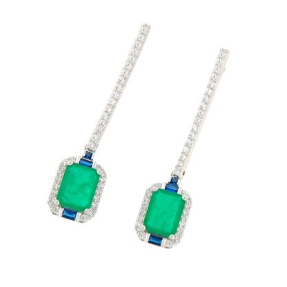 Pendientes ZOE largos en plata primera ley con circonitas y cuarzos esmeralda