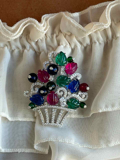 FAUSTA brooch, a wonderful tutti frutti design in 925 sterling silver with cubic zirconia