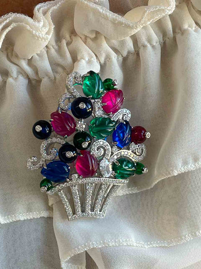 FAUSTA brooch, a wonderful tutti frutti design in 925 sterling silver with cubic zirconia