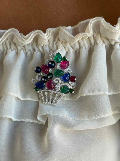 FAUSTA brooch, a wonderful tutti frutti design in 925 sterling silver with cubic zirconia