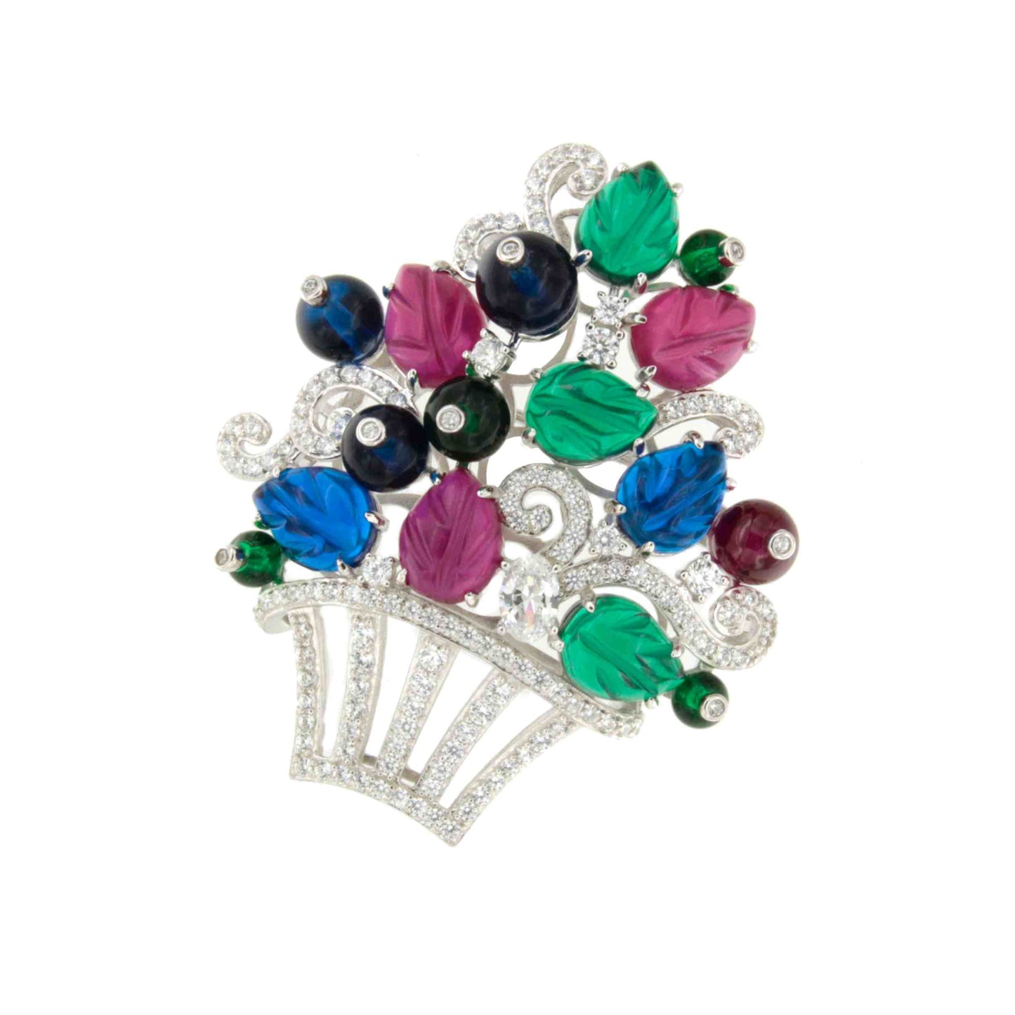 FAUSTA brooch, a wonderful tutti frutti design in 925 sterling silver with cubic zirconia