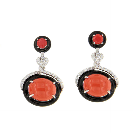 Pendientes NAYLA en plata primera ley con circonitas, esmalte negro y coral