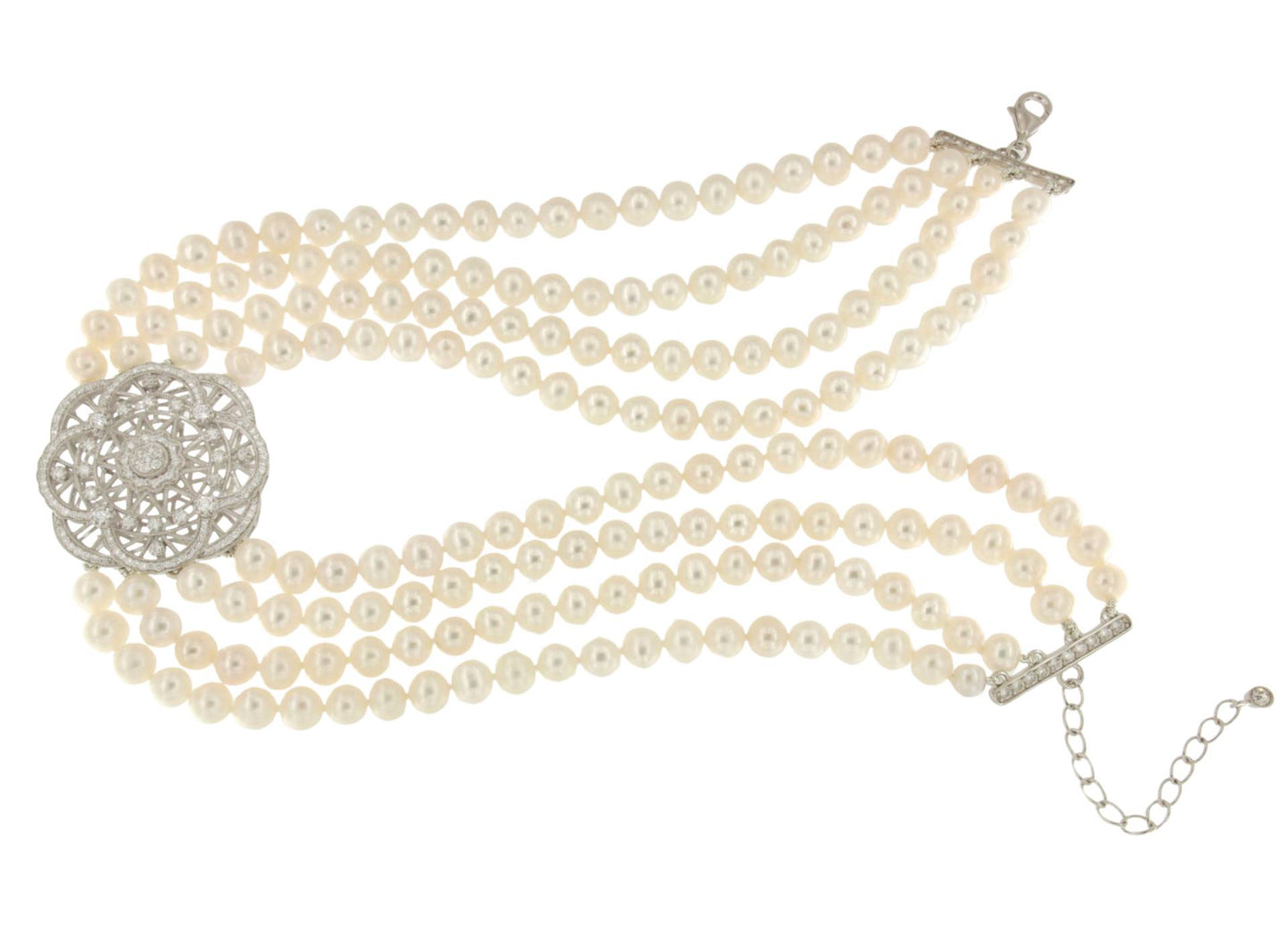 CLAUDIA choker made of Chinese pearls with a silver center and cubic zirconia